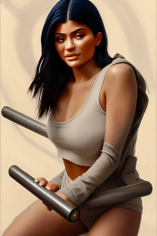 Image similar to clear portrait of kylie jenner benchpressing sillicone bags, cottagecore!!, background hyper detailed, character concept, full body, dynamic pose, elegant, intricate, highly detailed, digital painting, artstation, concept art, smooth, sharp focus, illustration, art by artgerm and greg rutkowski and alphonse mucha