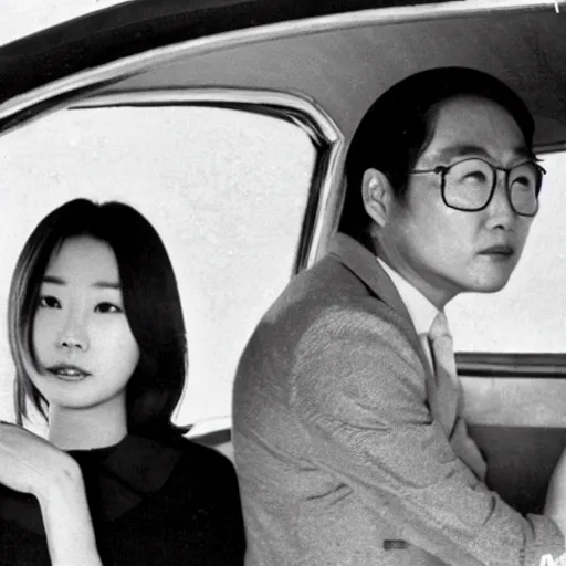 Image similar to 1960s press archive of the actress Choi Eun-Hee and director Shin Sang-ok coming out of a car, faces obscured, Reuters, 35mm film, film grain, mysterious exterior, underexposed