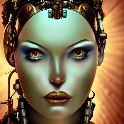 Prompt: close - up portrait of a beautiful female steampunk android in the style of ex the fifth element