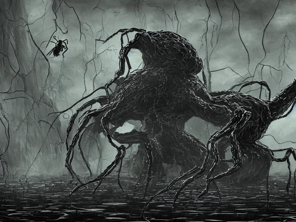 Image similar to Giant black spider climbing out of a swamp. Concept art. 4k. High detail. In the style of Lovecraft.