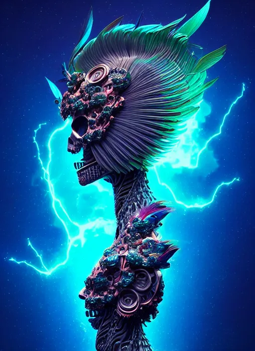 Image similar to 3 d goddess profile portrait, sigma 5 0 0 mm f / 5. beautiful intricate highly detailed quetzalcoatl skull and feathers. bioluminescent, plasma, lava, ice, water, wind, creature, thunderstorm! artwork by tooth wu and wlop and beeple and greg rutkowski, 8 k trending on artstation,