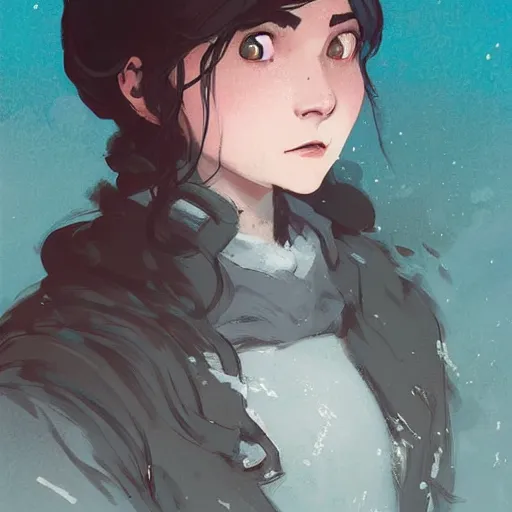 Image similar to Highly detailed portrait of a frostpunk young lady with, freckles and wavy hair by Atey Ghailan, by Loish, by Bryan Lee O'Malley, by Cliff Chiang, by Greg Rutkowski, inspired by image comics, inspired by graphic novel cover art, inspired by nier!! Gradient color scheme ((grafitti tag brick wall background)), trending on artstation