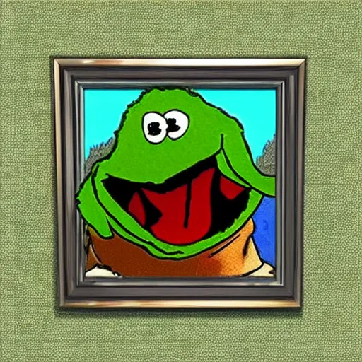 Image similar to “a bob ross style painting of kermit falling off a bridge”