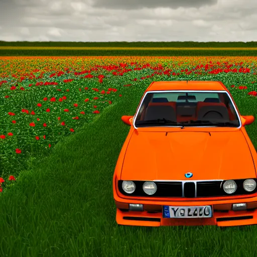 Image similar to blender render of orange bmw e 3 0 m 3 in a field of flowers, low angle shot