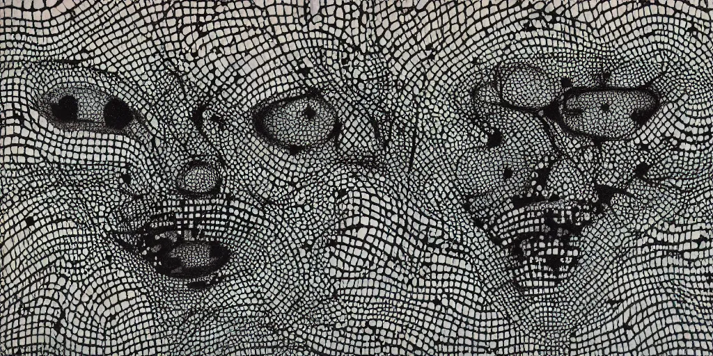 Image similar to camo of lines, technical, acrylic, teeth, eerie, tribal, clay, dots, lines, stipple, points, grid, cybernetic, old painting, swirly eyes, hypnosis