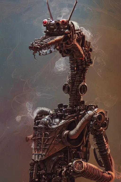 Image similar to a dragon robot, painted by wally wood and matt jefferies, trending on artstation, steam punk, bright macro view pixar, award - winning, blueprint, steam, smoke, chillwave, realism