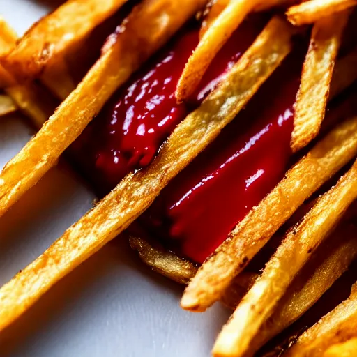 Prompt: macro photo of french fry being dipped in ketchup