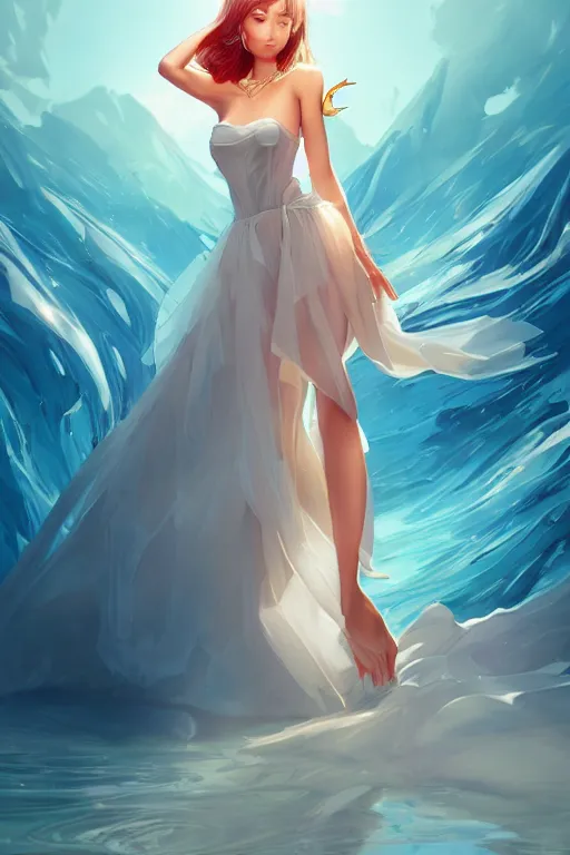 Image similar to a beautiful fashion goddness of love, chic strapless dress, tropical sea background, character design, in the style of artgerm, and wlop, cinematic lighting, hyperdetailed, 8 k realistic, symmetrical, global illumination, radiant light, frostbite 3 engine, cryengine, dof, trending on artstation, digital art