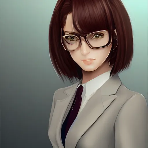 Image similar to female lawyer, business suit, brown neat hairr, pixiv, fanbox, trending on artstation, digital painting, defense attorney, modern, sleek, highly detailed,