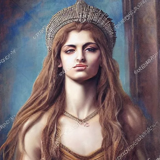 Image similar to portrait of a greek goddess of wisdom, fantasy, majestic, somber very detailed long hair