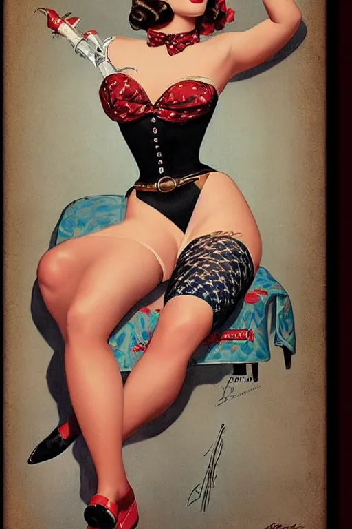 Prompt: Traditional American Tattoo of Pinup Girl by Gil Elvgren