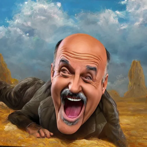 Image similar to highly detailed oil painting, concept art, dr phil laughing and dancing on a pile of dead bodies, concept art, highly detailed