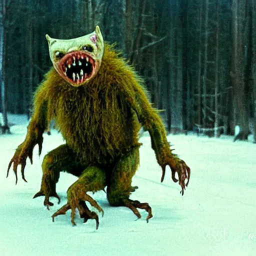 Image similar to a creepy filmic 30mm filmic wide shot color ground level angle movie still film photograph of the full body of a dangerous shape shifting alien creature, with multiple mutated snarling drooling human faces with a grotesque variety of gorey human limbs in the style of a live action 1980s horror film, The Thing 1982