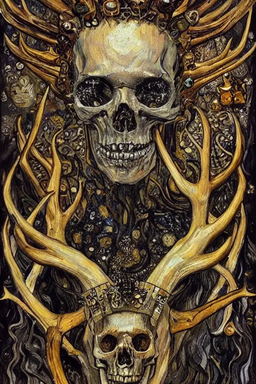 Image similar to The Crown of Bones by Karol Bak, Jean Deville, Gustav Klimt, and Vincent Van Gogh, mystic eye, otherworldly, crown made of bones, antlers, horns, ornate jeweled crown, skull, fractal structures, arcane, inferno, inscribed runes, infernal relics, ornate gilded medieval icon, third eye, spirals, rich deep moody colors