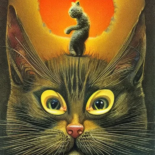 Prompt: a cute kitten, fluid, smooth, organic, crazy, bright, colours, high contrast, sharpness, dramatic, very detailed, intricate, by giger and corben and moebius and beksinski and bosch and bacon