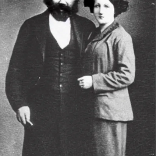 Prompt: Karl Marx and Ayn Rand kissing, wedding photo, 1920, Church backround