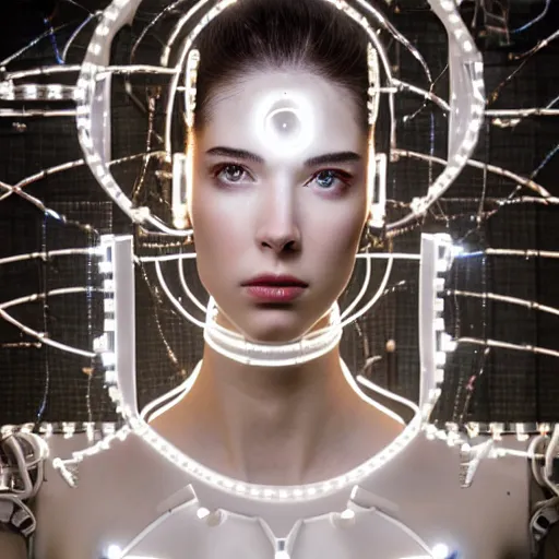 Prompt: beautiful centered Fine art photo portrait of enraptured Sarah Mcdaniel as a solarpunk robotic humanoid, white mechanical parts with led lights, photorealistic, white background, highly detailed and intricate, sunset lighting, HDR 8k