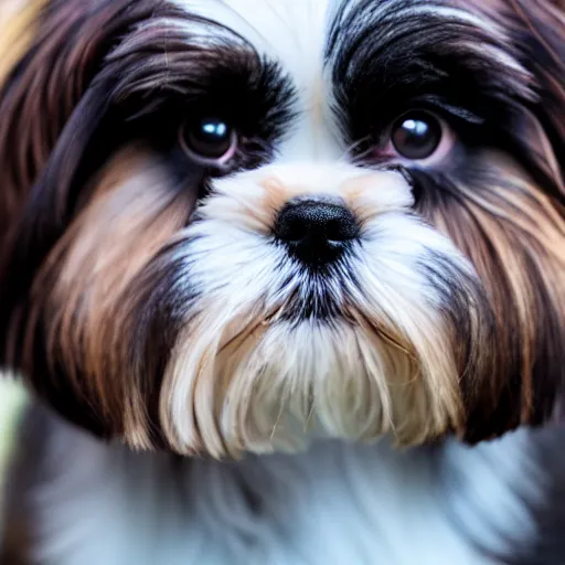 Prompt: shih tzu with brown and black fur, photography, 8 k, macro lens