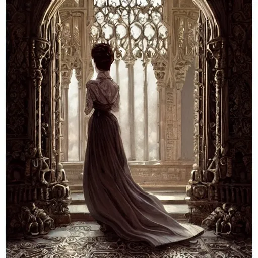 Image similar to audrey hepburn in an epic victorian novel, inside an ornate castle, intricate, elegant, highly detailed, digital painting, artstation, matte, illustration, art by artgerm, greg rutkowski, loish, rhads, ferdinand knab, makoto shinkai, lois van baarle, ilya kuvshinov, rossdraws, tom bagshaw