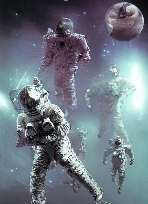 Image similar to astronauts in the dark infinite underwater void - complex and hyperdetailed technical suit, fabric material. reflection and dispersion materials. rays and dispersion of light. volumetric light. wide angle, f / 3 2. noise film photo. flash photography. ultra realistic, wide angle. poster by wayne barlowe, hajime sorayama aaron horkey, craig mullins