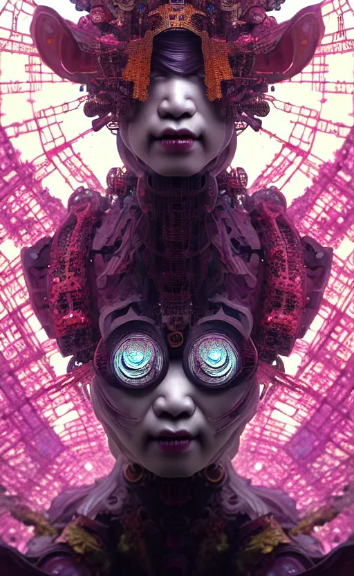 Image similar to asura from chinese myth, ghost, gorgeous and huge head ornaments, dystopian, cyberpunk, organic fractal mycelum and fungi, mecha, halfturn portrait of a big crystal face made of crystals half - turn, ominous, intricate, studio, art by anthony macbain + greg rutkowski + alphonse mucha, concept art, 4 k, sharp focus