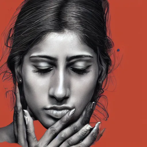 Image similar to Stunning portrait of Indian womans face with her hands covering her eyes, black ink is pouring down from her eyes, music album cover, artstation, pixivi