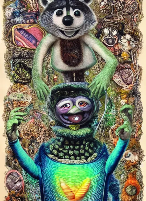 Prompt: portrait of humanoid raccoon surfer made of mycelium and iridescent scales, amanita muppet punk, basil wolverton, r crumb, hr giger, dali