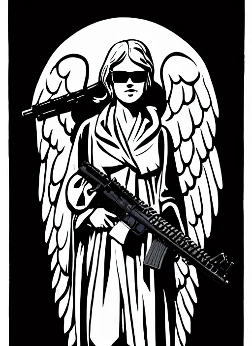Prompt: illustration of a resting face gothic statue angel, wearing sunglasses, holding up in hand a AR-15-style rifle, ink brush black background black on white only, symmetrical, sharp curves, detailed face, 8k, print ready, by Mike Mignola,