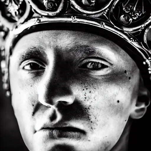 Prompt: stunning beautiful portrait photography of a face detailing medieval king with crown from national geographic magazine award winning, dramatic lighting, taken with Sony alpha 9, sigma art lens, medium-shot, monochrome