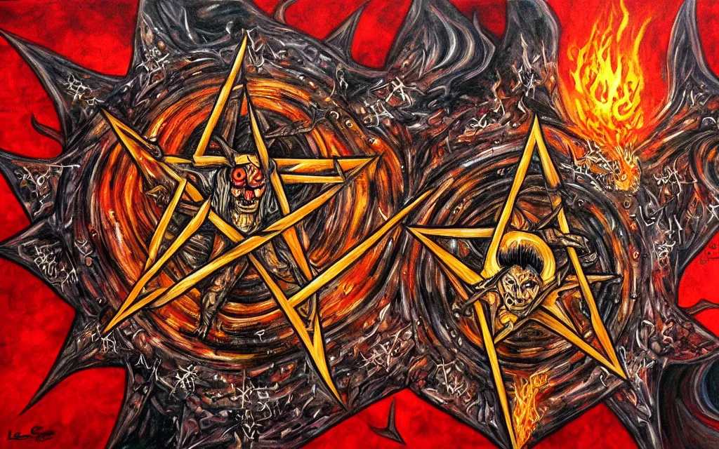 Image similar to the 7 layers of hell, doomsday, satan, pentagram, detailed, busy, hectic, painting by leona creo