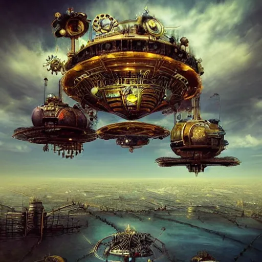 Image similar to flying city in a mechanical flower, sky, fantasy art, steampunk, masterpiece, octane