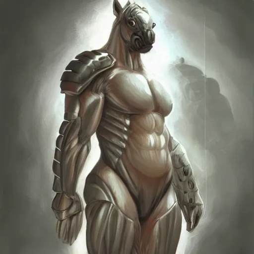 Prompt: an anthropomorphized horse with a enormously muscular body in a research facility wearing a skintight body armor, long white mane, equine, anthro art, furaffinity, highly detailed, digital painting, artstation, concept art, illustration, art by artgerm, greg rutkowski, ruan jia