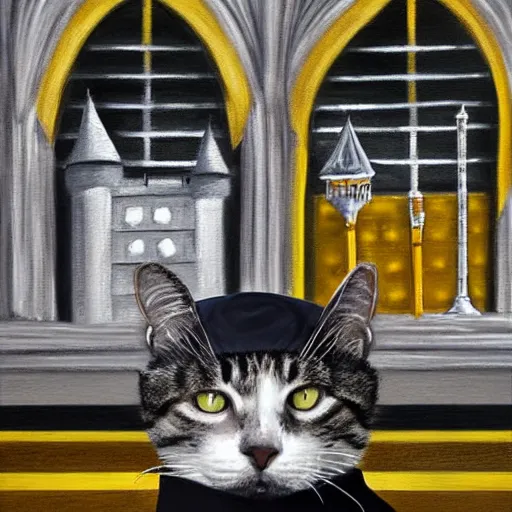 Image similar to oil painting wide shot from below of a white and grey tabby cat wearing a black yellow striped hufflepuff scarf, in front of hogwarts castle, digital painting, high detail, award-winning, playful, deep focus, realistic, hyperrealistic, magical