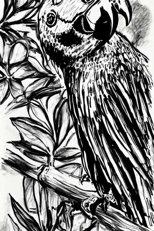 Prompt: parrot ink drawing