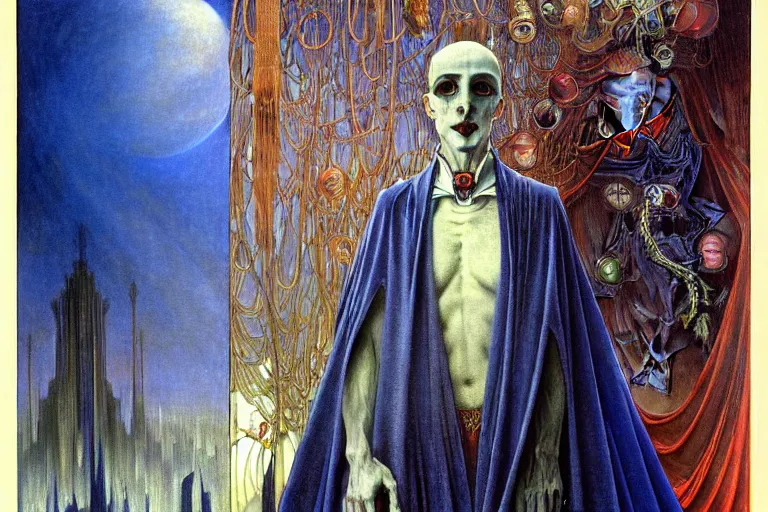 Image similar to realistic extremely detailed portrait painting of an elegantly creepy vampire man in a cape, futuristic sci-fi city on background by Jean Delville, Amano, Yves Tanguy, Alphonse Mucha, Ernst Haeckel, Edward Robert Hughes, Roger Dean, rich moody colours, blue eyes