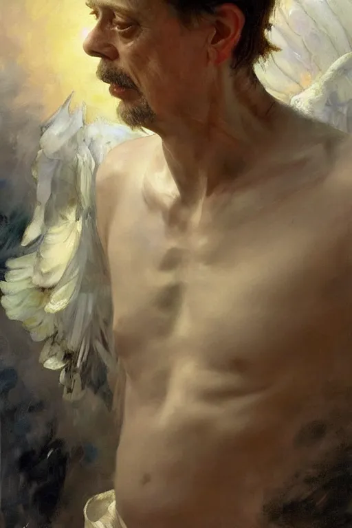 Image similar to beautiful detailed expressive impressionistic oil painting portrait of ancient roman god emperor steve buscemi levitating in angelic pose wearing the civic crown, art by anders zorn, wonderful masterpiece by greg rutkowski, expressive brush strokes, beautiful cinematic light, american romanticism by greg manchess, jessica rossier