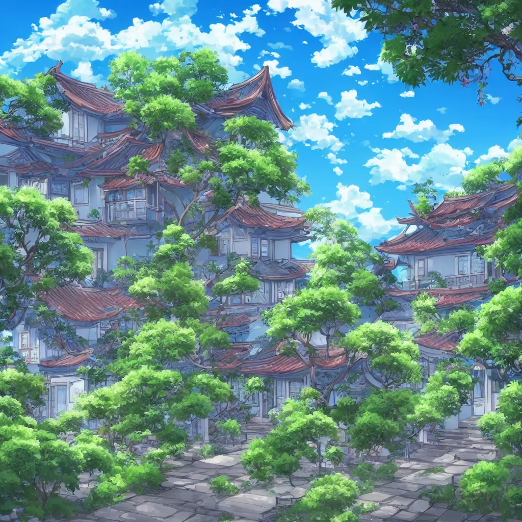 Image similar to a house with a beautiful garden and a blue sky with clouds in anime style, in the style of Lampbo Chun on ArtStation and Son Rice on ArtStation, 4k,