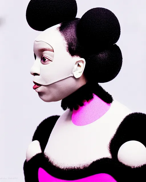 Image similar to symmetrical portrait of a black woman wearing pink silicone embroidered beauty mask and hair buns, wearing a black bodysuit by alexander mcqueen, cream white background, soft light, biotechnology, humanoide robot, bjork aesthetic, translucent, by rineke dijkstra, intricate details, highly detailed, masterpiece,