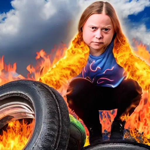 Image similar to Greta Thunberg becoming super Saiyan 4 over a flaming garbage and tire mountain 8k