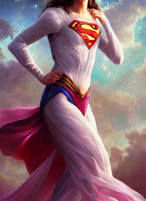 Prompt: emma watson as nature magic celestial, superman pose, long hair, soft pink and white transparent cloth, space, D&D, shiny background, intricate, elegant, highly detailed, digital painting, artstation, concept art, smooth, sharp focus, illustration, artgerm, bouguereau