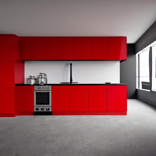 Image similar to photo of black, matte kitchen fronts surfaces and furniture, red walls at the back, white floor tiles on the ground, architecture, concept art