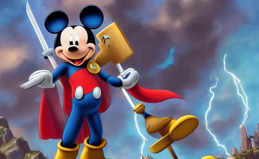 Prompt: Mickey Mouse is Thor, hyperdetailed, artstation, 8k, no text
