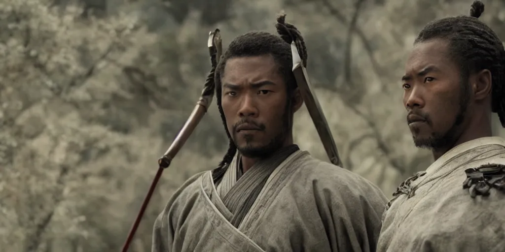 Image similar to a film still of a black man starring in a japanese blockbuster film as ancient samurai, intense, shallow depth of field, cinematic, award winning cgi, vfx, film still