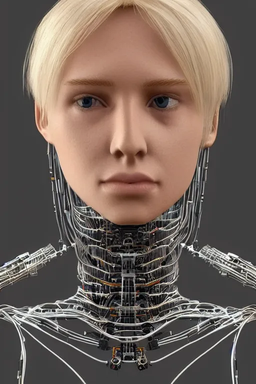 Image similar to robot with human face, female head, full body angle, woman human face, human face realistic, beautiful blonde hair, human head, human head with blonde hair, blonde hair human head, blonde hair, human realistic face, human head skin, cyborg frame concept, cyborg by ales-kotnik, sci-fi android female, the body is made of wires, robotic body, cyborg body, cyborg bust body, robot body cyborg, full body