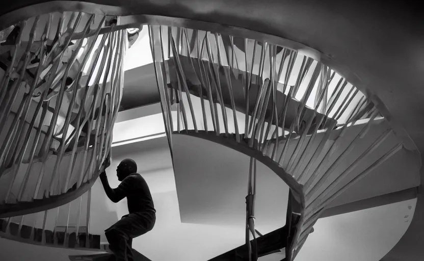 Image similar to frank ocean building a spiral staircase in the centre of the room, greyscale,