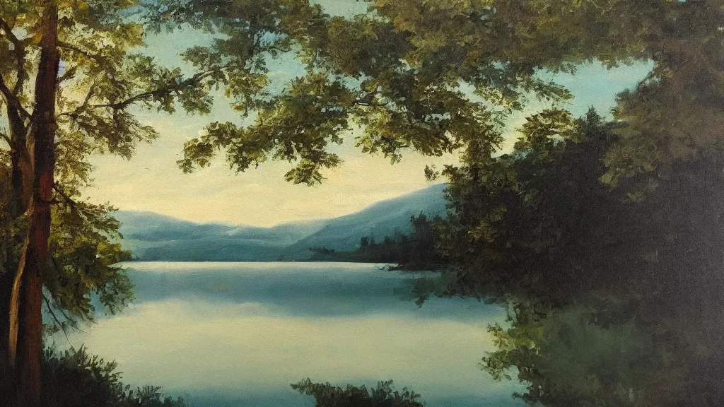 Prompt: Oil painting of a lake between a forest