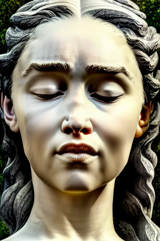 Prompt: statue of Emilia Clarke cute surprised, eyes closed, bliss, highly detailed, seductive, hyperrealism, painted by John Singer Sargant, Greg Rutkowki, Frank Frazetta