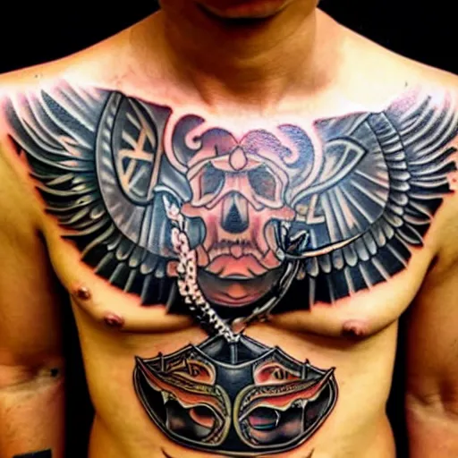 Prompt: Full body tattoo, samurai, chains, ink, undead