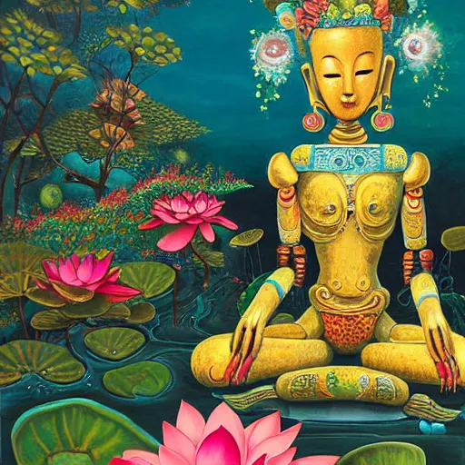 Prompt: a beautiful surrealist painting of a 1 0 0 0 armed quan yin robot sitting in prayer in the lotus garden in the style of hanna yata, digital art h 1 0 2 4