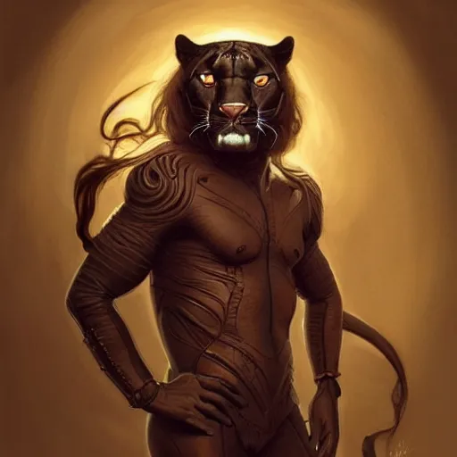 Image similar to portrait of a panther with a humanoid face, male, handsome, masculine, full body, red hair, long hair, soft hair, fantasy, intricate, elegant, highly detailed, suit, coffee shop, digital painting, artstation, concept art, character art, smooth, sharp focus, illustration, art by artgerm and greg rutkowski and alphonse mucha